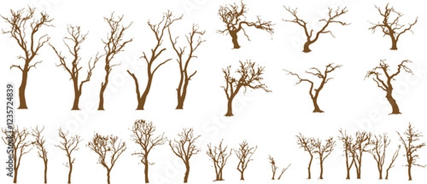 Obraz Collection of dry tree silhouettes with branches and empty trunk on white background. This illustration is suitable for minimalist designs, graphic elements, prints or nature and autumn themed wallpap