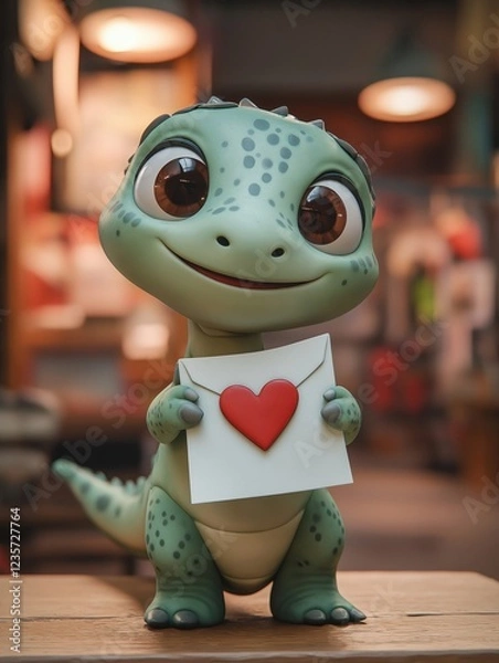 Fototapeta Adorable Animated Gecko Holding a Heart-Shaped Card in a Wholesome Setting