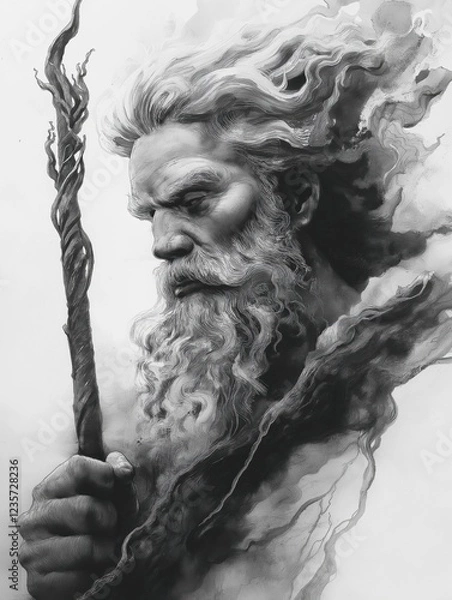 Fototapeta Black and White Sketch of an Ancient God Holding a Staff, Expressive and Detailed