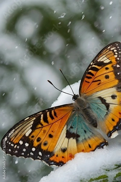 Obraz A butterfly’s wings reflecting different seasons—one side winter, the other spring.