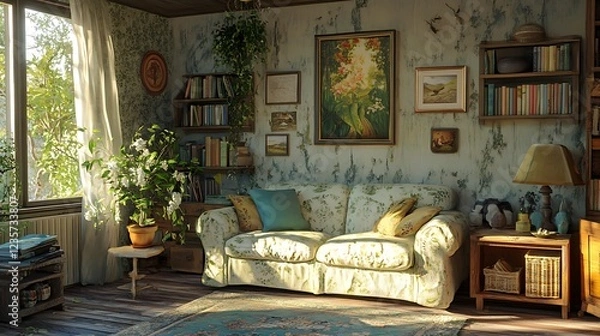 Obraz A cozy living room with a sofa, bookshelves, and plants, creating a warm atmosphere.