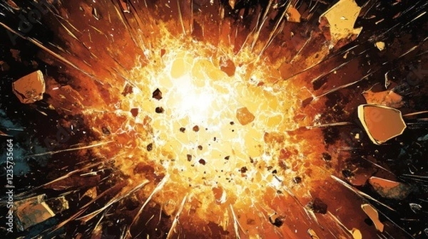Fototapeta Fiery Explosion with Shattering Fragments