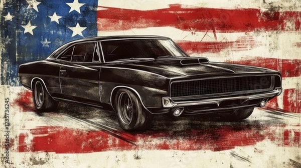Obraz Classic American Muscle Car with USA Flag Background