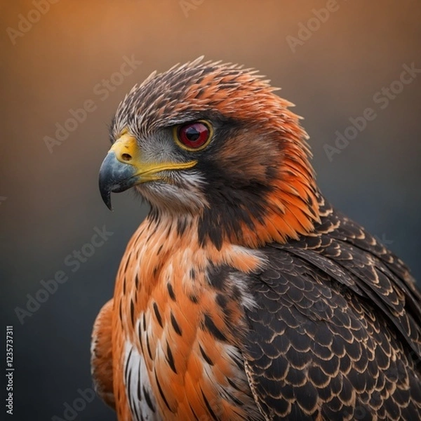 Fototapeta A falcon with a gradient of orange and red feathers, fiery appearance.