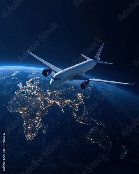 Fototapeta A vibrant aerial view of a plane flying over a beautifully illuminated Earth, highlighting the continents and city lights at night.