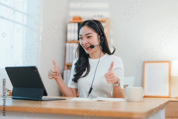 Fototapeta cheerful woman wearing headset gives thumbs up while working on tablet at desk in bright home office