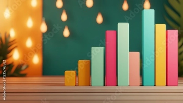 Fototapeta Colorful geometric shapes representing statistical growth on a wooden table