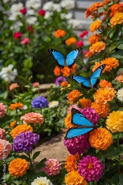 Obraz A butterfly garden filled with vibrant flowers and floating petals