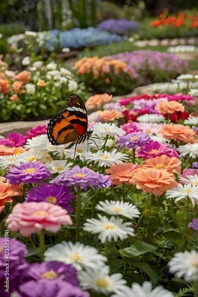 Obraz A butterfly garden filled with vibrant flowers and floating petals