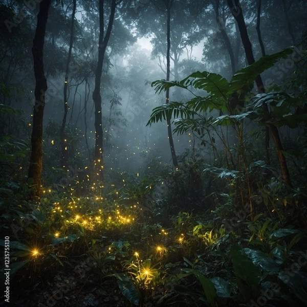 Fototapeta A magical jungle where fireflies dance against a glowing white mist.