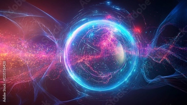 Fototapeta Abstract cosmic energy sphere with swirling luminous lines and glowing particles