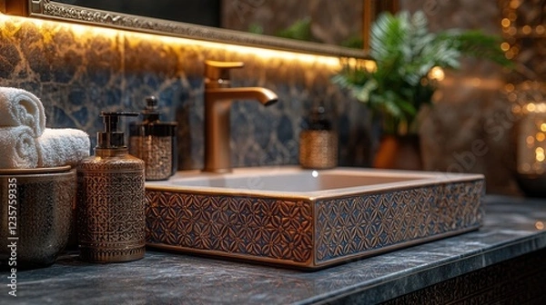 Fototapeta Elegant bathroom with detailed sink, gold fixtures, and soft lighting creating a luxurious atmosphere