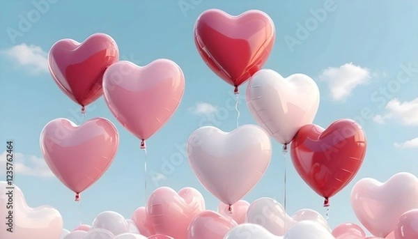 Fototapeta A cluster of Heart-shaped Balloons Floating in a Clear Blue Sky with Fluffy White Clouds