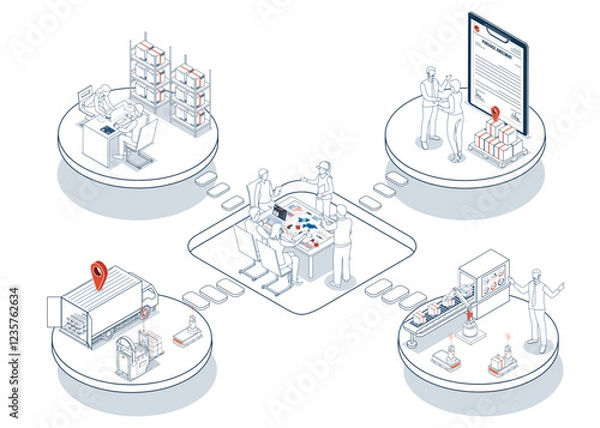 Fototapeta 3D isometric Logistics Supply Chain Management concept with description of Fleet management, Warehousing, Materials handling, Inventory and Demand planning. Vector illustration eps10