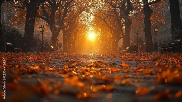 Fototapeta Autumnal sunset path, London park, leaves, calm