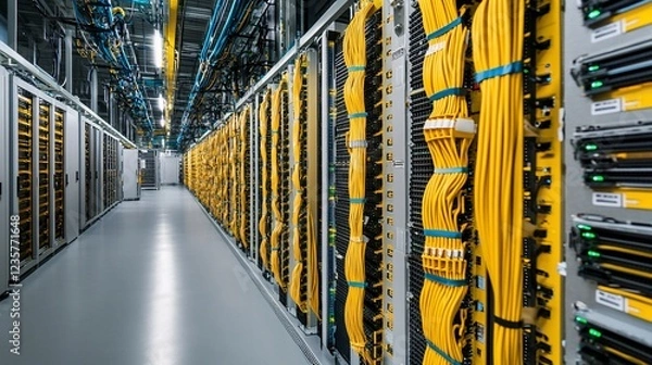 Fototapeta A long corridor filled with server racks and colorful data cables, a network center view