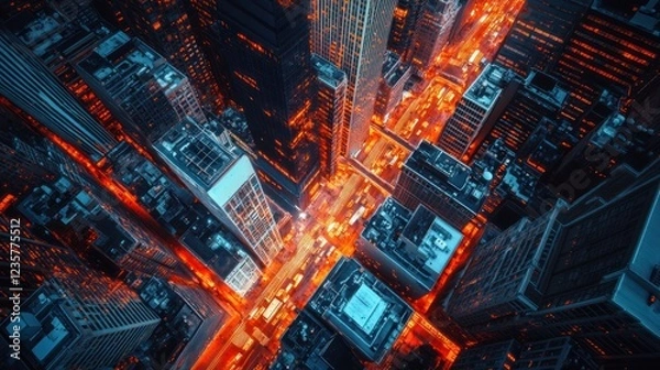 Fototapeta Aerial View of City Intersection at Night Illuminating Skyscrapers