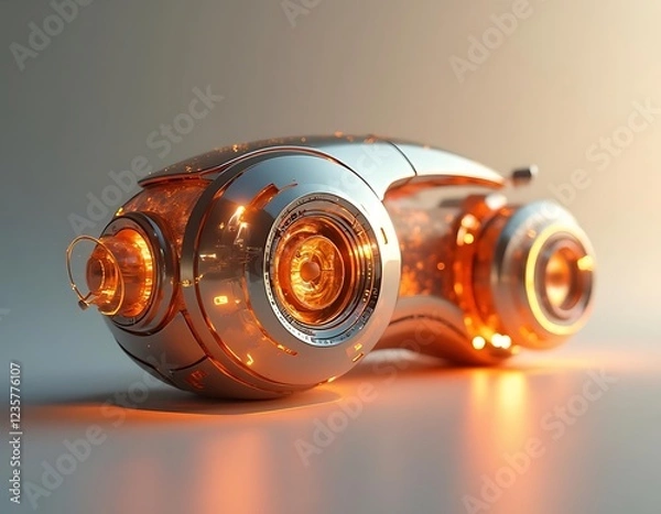 Fototapeta Futuristic Chrome Capsule: Glowing Orange Lights, Sci-Fi Design