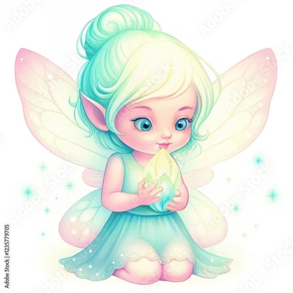 Obraz A whimsical fairy with pastel-colored wings holds a glowing gem, radiating enchantment and charm in a magical, fantasy-inspired illustration.