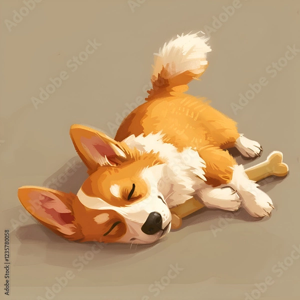 Fototapeta Welsh corgi puppy isolated on brown background. Cute happy dog character sleeping with bone. Outline illustration, color filled.