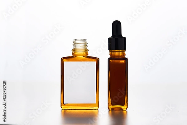 Fototapeta Two stylish amber bottles, one square and one tall with a dropper, showcase a clear liquid against a white backdrop, emphasizing simplicity