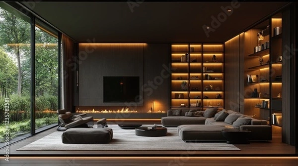 Obraz Modern living room, forest view, fireplace, evening