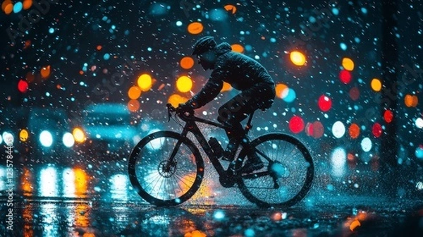 Fototapeta Cyclist riding at night in snowy city