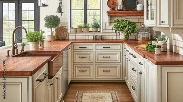 Fototapeta Rustic kitchen remodel, farmhouse sink, wood countertop, bright windows, home design