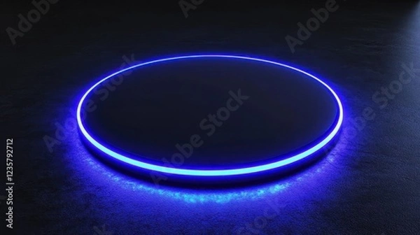 Fototapeta Abstract Glowing Circular Platform, Futuristic Design, Neon Blue Light, Dark Background, Minimalist Style, Technology Concept, Modern Architecture,  3D Render