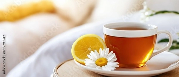 Fototapeta A warm cup of tea with lemon and a daisy flower rests on a wooden table, evoking a cozy, tranquil atmosphere.