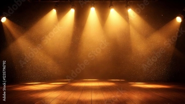 Obraz A cinematic Hollywood-style spotlight background, featuring multiple beams of warm light shining down on a wooden stage, evoking the excitement of an awards show