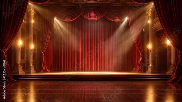 Fototapeta A classic ballet stage with soft white and golden lighting, delicate curtains framing the background, and subtle reflections on the polished wooden floor., curtain, theater, stage, velvet, show, enter