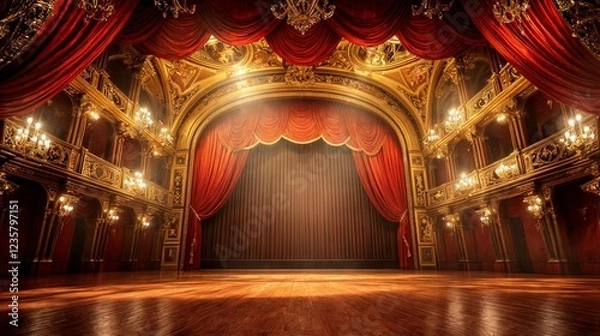 Obraz A grand opera house stage bathed in warm golden light, with elegant wooden flooring, luxurious red drapes, and an ornate ceiling adorned with intricate chandeliers.