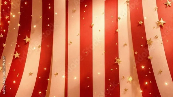 Obraz A minimalist circus background with a subtle red-and-white striped pattern, vintage typography, and elegant golden stars scattered for a classic retro feel.