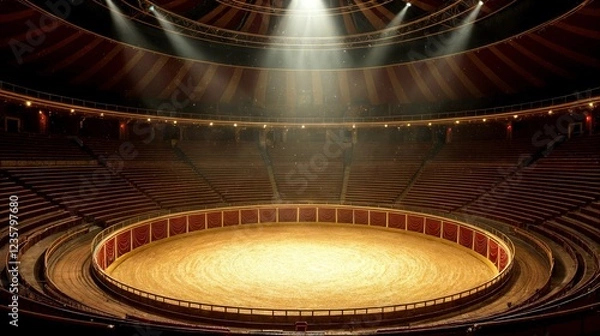 Obraz A realistic circus arena with wooden bleachers, a center ring covered in golden sawdust, and a dramatic spotlight shining down, creating an intense atmosphere.