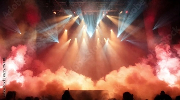 Obraz A rock concert-inspired stage with intense spotlights in shades of red, orange, and blue, a smoky atmosphere, and dramatic lighting effects creating a high-energy vibe.
