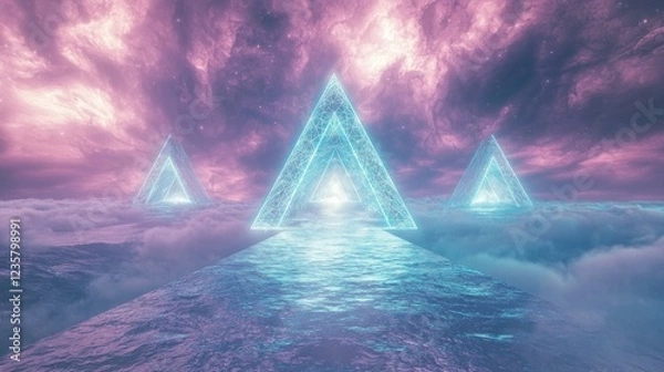 Fototapeta Surreal Triangular Portals Illuminated with Fractal Patterns Above Misty Dreamscape in Cinematic Sci-fi Concept Art