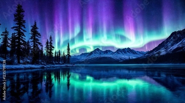 Obraz Magical aurora borealis with vibrant colors swirling above a tranquil lake, reflecting the luminous sky in crystal-clear waters, creating a dreamy and serene atmosphere