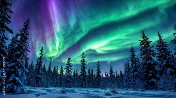 Obraz Surreal Northern Lights illuminating a dense pine forest, with trees silhouetted against a glowing cosmic sky, creating a perfect balance between nature and the universe.