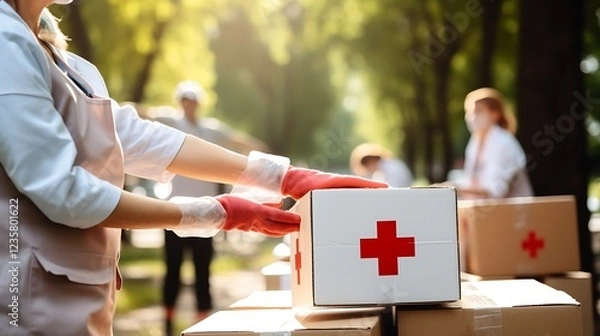 Fototapeta Red Cross volunteers work together, lifting aid boxes at the scene to provide urgent relief. A powerful image of unity and compassion, perfect for International Red Cross Day and medical aid campaigns