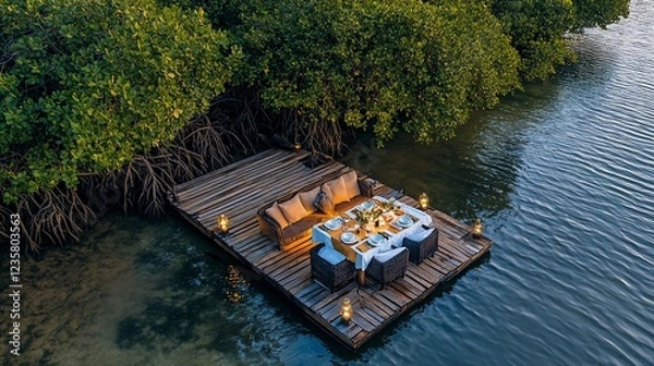 Obraz Romantic dinner, floating dock, mangrove forest, sunset