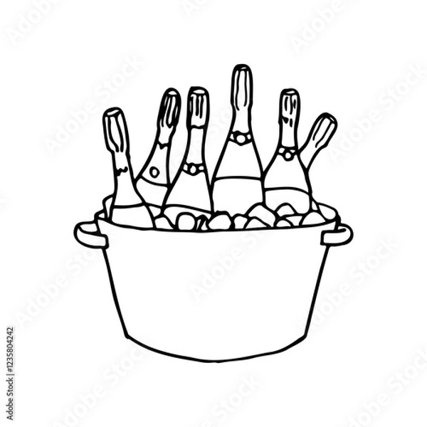 Fototapeta bottles of champagne in a basin with ice - hand drawn line art