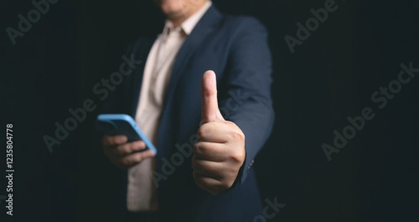 Fototapeta Professional man giving thumbs up with smartphone