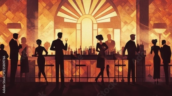Fototapeta Silhouettes of people at a stylish art deco bar