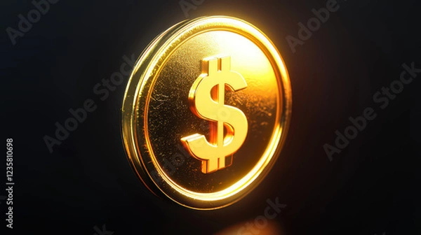 Fototapeta Golden dollar coin. Shiny, isolated, 3D render of a gold coin with a dollar sign.