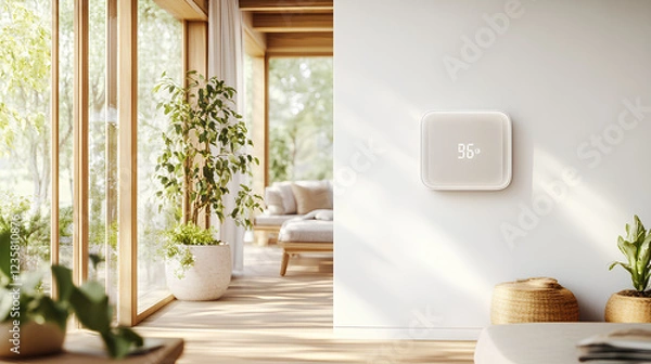 Fototapeta Sleek Smart Thermostat Mounted on a White Wall in a Modern Home Providing Efficient Temperature Control
