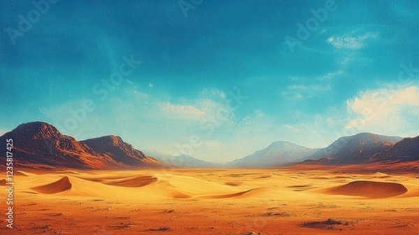 Fototapeta Endless expanses of golden sand dunes stretch across the horizon, flanked by rugged mountains under a bright blue sky. The midday sun illuminates this arid and tranquil desert location