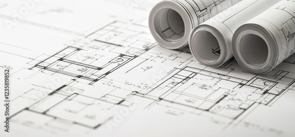 Fototapeta Rolled blueprints resting on architectural drawings.