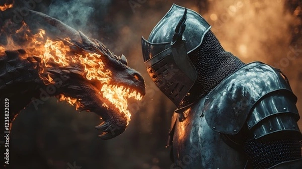Fototapeta Knight Faces Fiery Dragon In Epic Confrontation