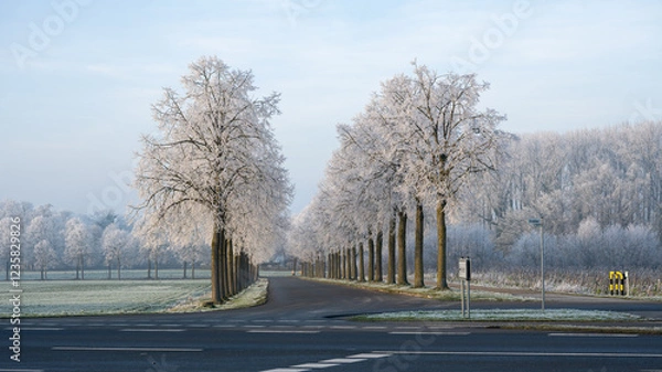 Obraz Parkway with white frozen trees in the snow